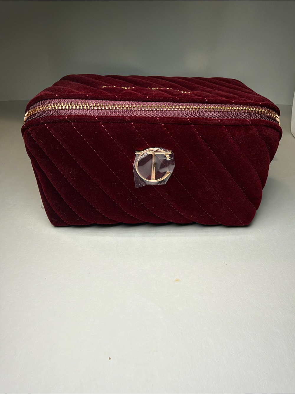 Charlotte Tilbury Quilted Velvet Cosmetic Pouch - Wine Red